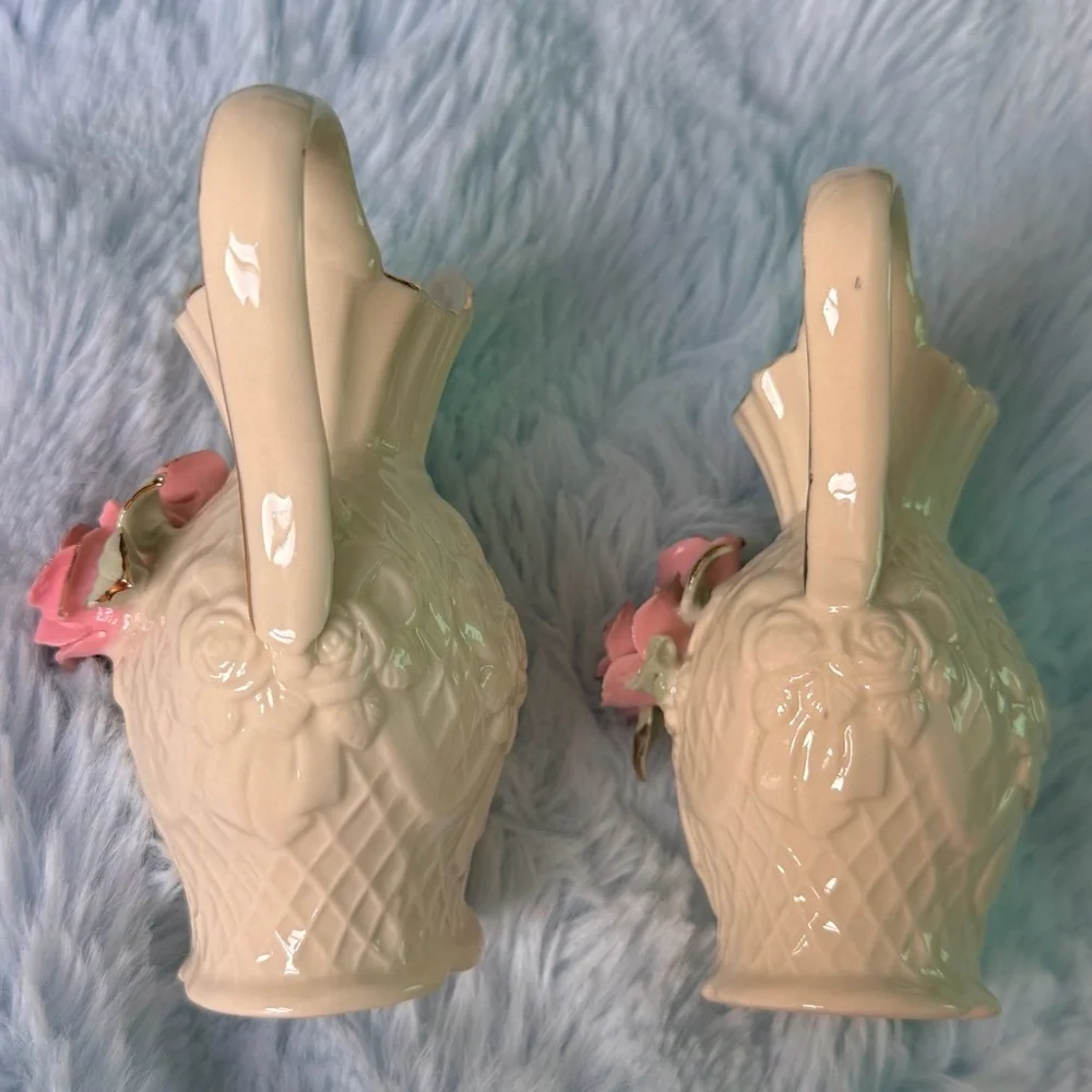 Vintage Porcelain Pink Rose Pitcher Vases Lattice Pattern Gold Trim Collectible